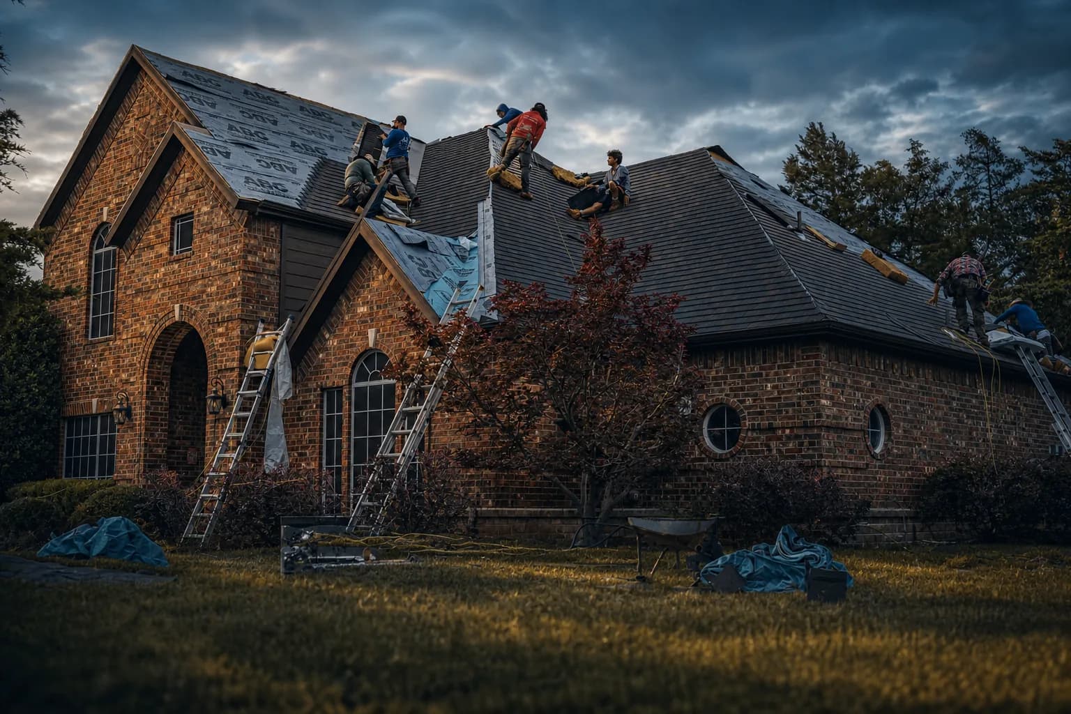 A roofing crew working together on a home